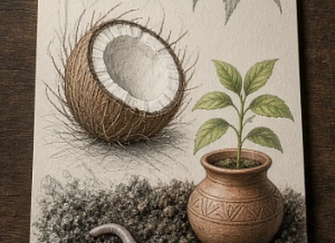 A split coconut and a seedling in a clay pot, drawn in pencil