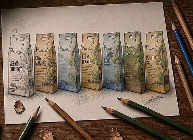 The seven Prahas bags, drawn in pencil and finished in colour