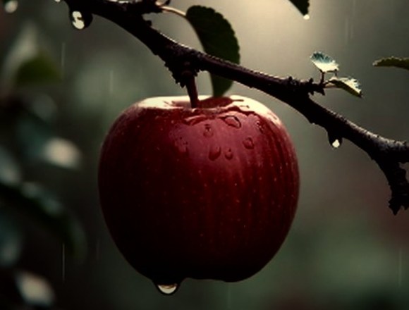 An apple ripening on the branch after rain.