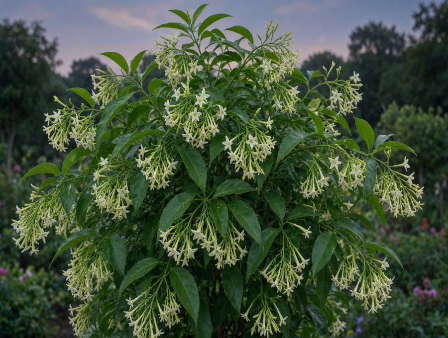 A night-flowering shrub in full bloom at dusk.