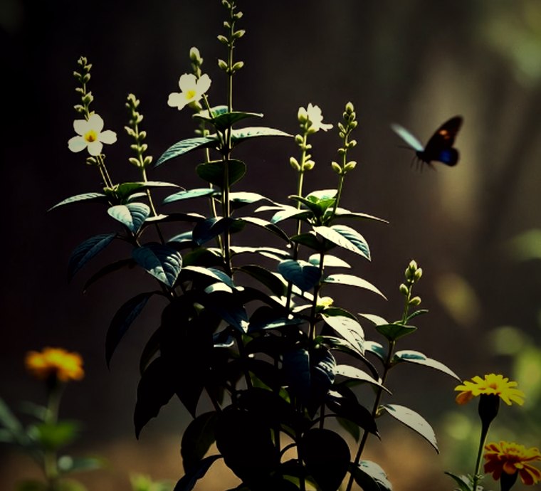 Tulsi in flower, with a butterfly.