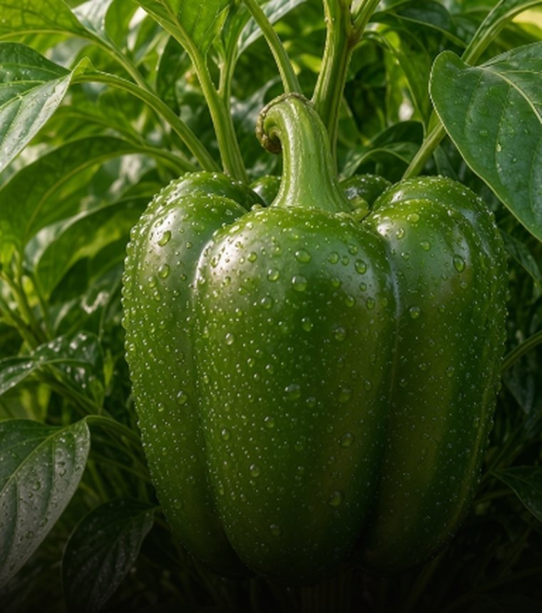 A green capsicum ripening on the plant in a terracotta pot.