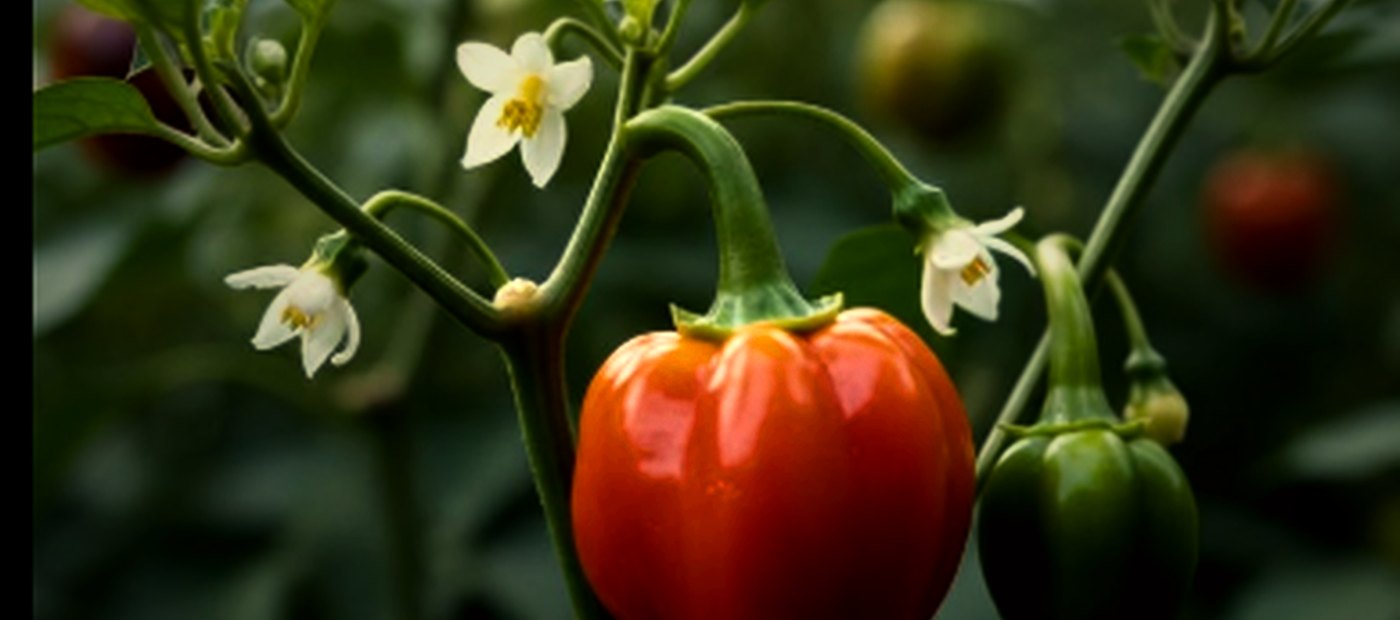 A fruiting plant in flower, growing in open ground.