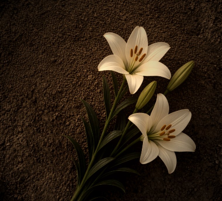 White lilies in flower above dark, open soil.
