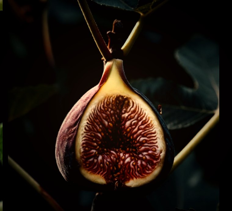 A fig opened to show the fruit inside.
